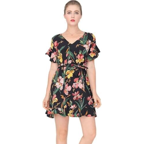 Short Sleeve Summer Dress Floral Print V-neck High Waist Slim Short Sleeve Mini Party Dresses Women Robes TJR252
