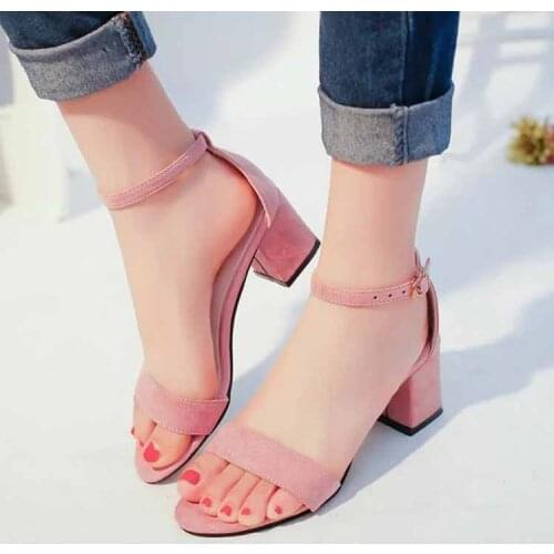 Summer new mid-heel shoes womens shoes thick heel open toe suede sexy one-word buckle female sandals Roman shoes trend
