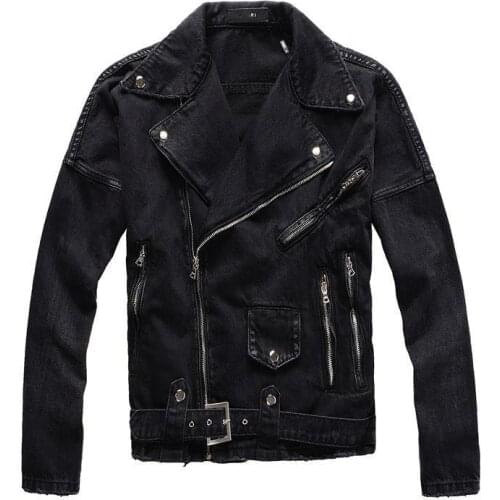 Fashion Black Motor Biker Punk Jacket Jaqueta Jeans Masculina Big Size Streetwear Solid Color Zippers Denim Jeans Jacket Men