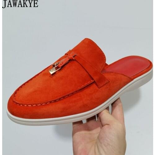 Suede Mules Slippers Women Metal Lock Tessel Causal Flat Shoes Lazy Loafers Multicolor Closed Toe Spring Summer Walk Shoes Woman