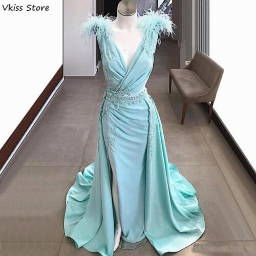 Sky Blue Prom Dress Deep V-neck Sleeves Feather Mermaid Split Detachable Train Stain Evening Gown платье для свадебной вечеринки