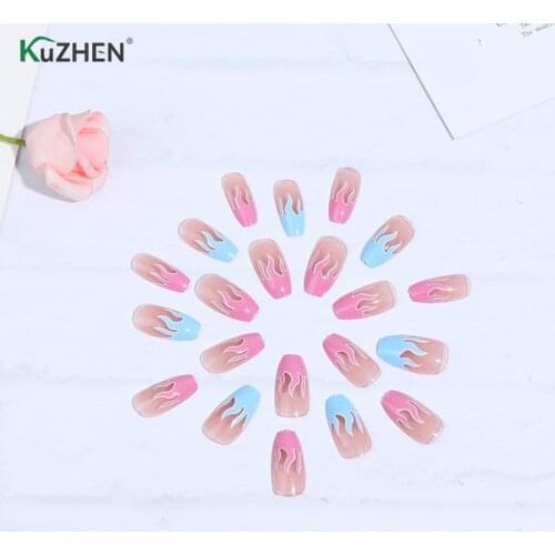 New European Square Flame Fake Nails Design Blue Purple Fire Pattern Full Cover False Nails Artificial French Nail Tips Nail Art