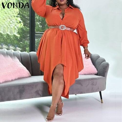 Casual Irregular Shirt Dress Women Sundress 2021 VONDA Lapel Button Down Party Long Dresses Vestidos