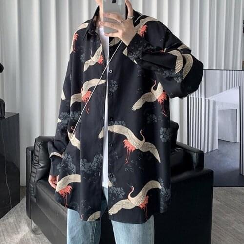 Men Shirts Long Sleeve Printed Casual Plus Size 2Xl Oversize Loose Chic Harajuku Asian Streetwear Bf Ins Couples Shirt KK3364