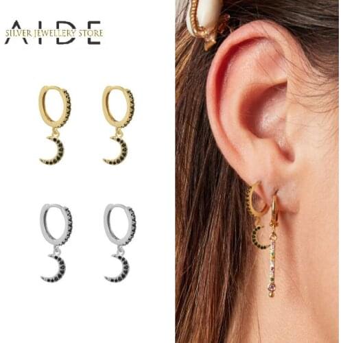 AIDE Black Zircon Crescent Hoop Earrings Fashion 925 Moon Dangle Sterling Silver Earrings For Women Jewelry Pendientes Brincos