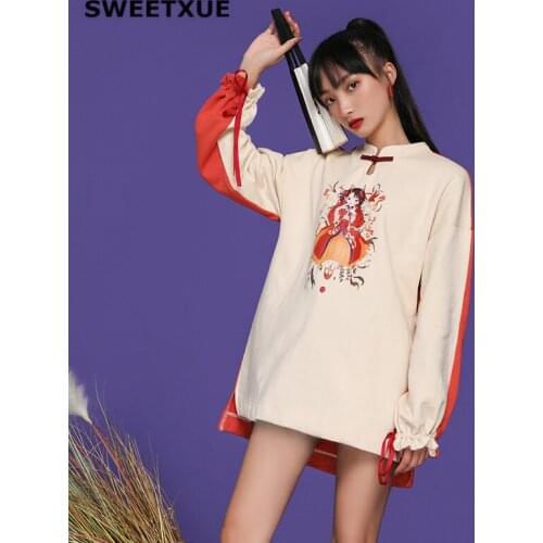 SWEETXUE Women Chinese Style Girl Plus Size Loose Hit Color Sweatshirts Short Fashion Printed Pullover Chic black Female