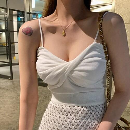 2021 Summer Tank Tops Women Sexy Short Female Slim Crop Top Folds V-Neck Strap Camis Ladies Corset for Femme Street