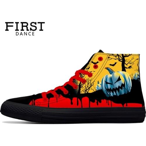 FIRST DANCE Nice High Top Classic Canvas Shoes Fashion Graffiti Halloween Pumpkin 3D Printed Black Shoes Men Casual Men Sneakers