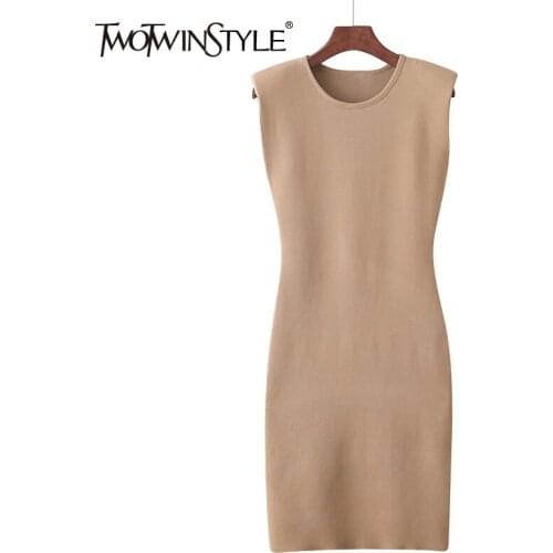 TWOTWINSTYLE Black Knitted Dress For Women O Neck Sleeveless High Waist Slim Mini Sexy Dresses Female Clothing 2021 Fashion New
