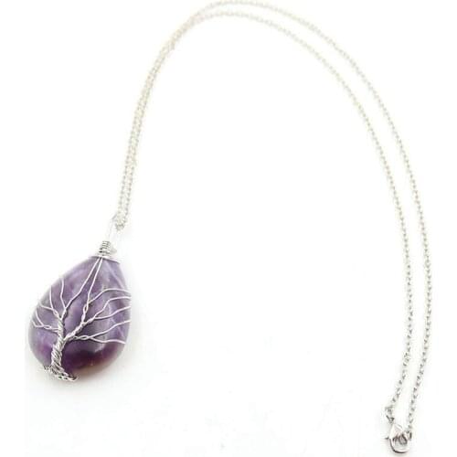 FYJS Unique White K Wire Wrap Water Drop Amethysts Crystal Pendant Tree of Life Necklace Green Turquoises Stone Jewelry