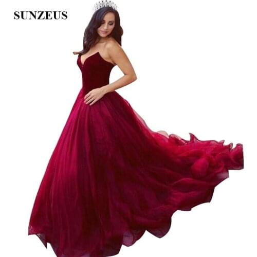 A-line Sweetheart Burgundy Prom Dresses Velvet Top Long Tulle Party Gowns Simple Elegant Princess Formal Wear Women