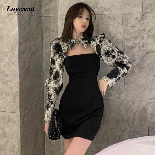 Women Cool Gothic Fake-two-pieces Mini Dress 2021 Summer Lady Long Sleeve Hollow Out Party Slim Elegant Polo Collar Dresses