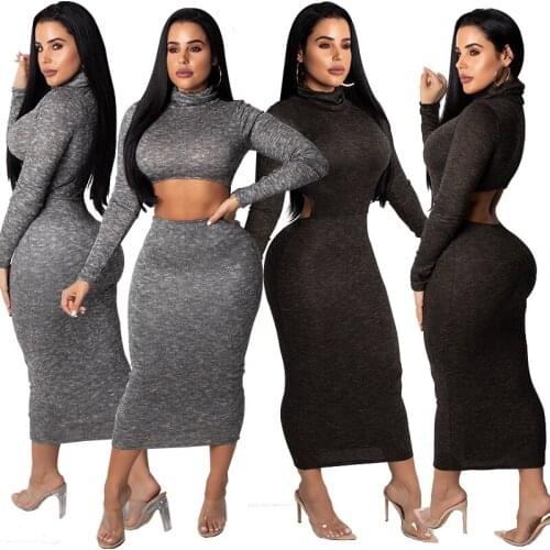 FNOCE Womens dress Autumn and Winter Solid Color Long-Sleeved turtleneck fashion casual sexy bag hip nightclub Mid-Calf Dress