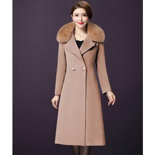 Women Winter Wool Coat Blends Jacket Fur Collar New Fashion Long Woolen Coats Double Breasted Slim Female High Quality Plus