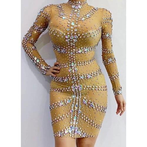 Multi-color Stones Nude Red Mesh Dress Evening Bar Birthday Celebrate Prom Dance Transparent Women Dancer Dress DWY3258