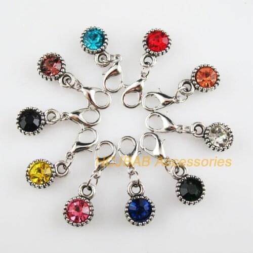 10 New Flower 8.5x13mm Charms Mixed Round Crystal Tibetan Silver Plated Retro With Lobster Claw Clasps