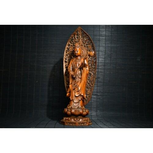 11"China Lucky Old Boxwood Hand-carved Lotus Guanyin Bodhisattva Back light Standing Buddha Terrace Office Ornaments Town House