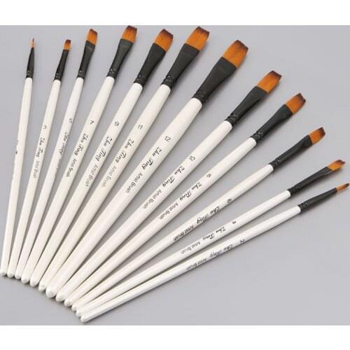 12Pcs Artist Paint Brush Set Nylon Bristles Watercolor Acrylic Oil Painting Slant Flat Round Pointed Pen Tip Wood Handle Art Acc
