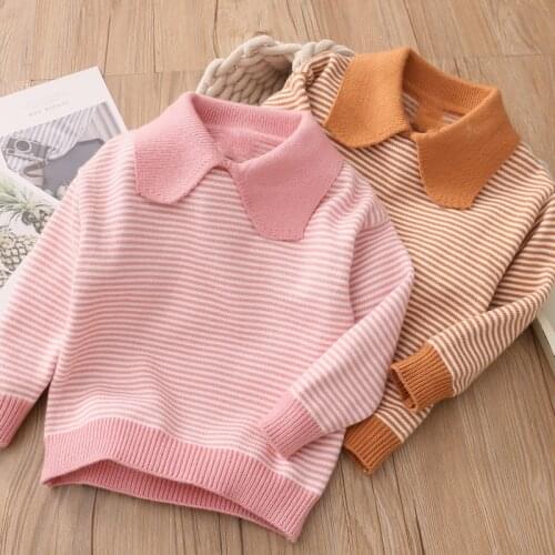 2021 Spring Autumn New 2 3 4 6 8 10 Years Knitted Striped Pullover Tops All Match Turn-Down Collar Sweaters For Baby Kids Girls