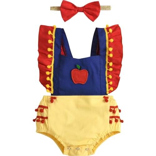 2021 0-18M Newborn Baby Girls Romper Toddlers Creative Apple Plush Ball Cute Fly Sleeve Suspender Playsuit+Bow Headwear Set 2pcs