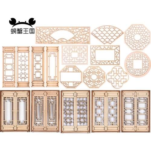 4pcs Dollhouse Furniture Miniature Doll accessories Chinese Style Wooden Window Building model Sand table material
