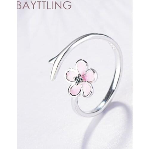 BAYTTLING Hot Sale 925 Sterling Silver Pink Flower Zircon Open Ring For Woman Fashion Wedding Jewelry Couple Gift