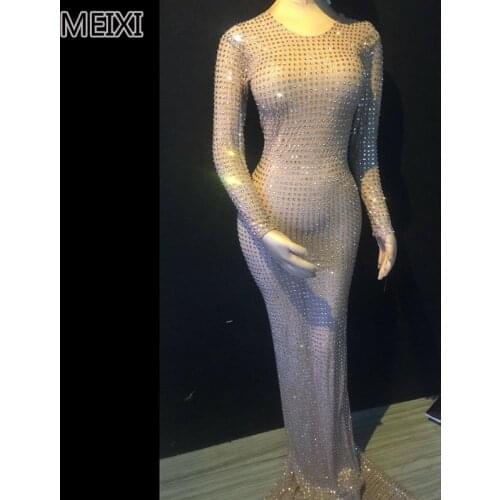 Super shiny silver full body diamond rhinestone two style evening dress luxury bar birthday party concert singer dancer costumes