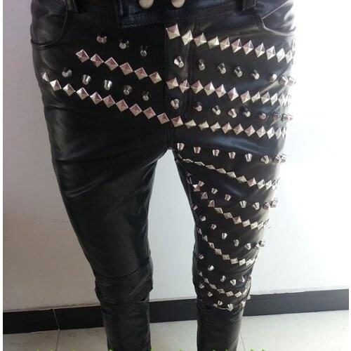 Black Rivet Leather Trousers Cool Male Singer Dancer Stage Pants Autumn Winter Men Tide PU Leather Long Pants Rock Dance Costume
