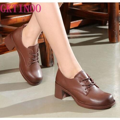 GKTINOO Women Pumps Office Handmade Lace Up Round Head Square Heel Shoes Women Genuine Leather Comfortable Womens Shoes