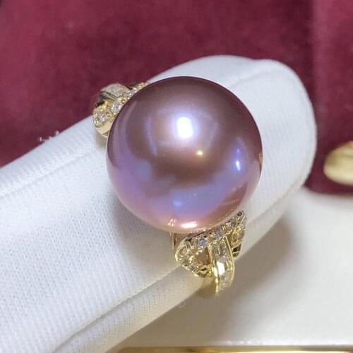 D307 Fine Jewelry 14K Pure Gold 12-13mm Natural Fresh Water Purple Pearls Rings for Women Fine Pearls Rings