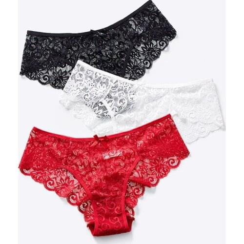 Sexy Lace Soft Women Underwear Panties Hollow Out Briefs Fashion Solid Color Ladies Underpants Mid-rise Bow Knickers