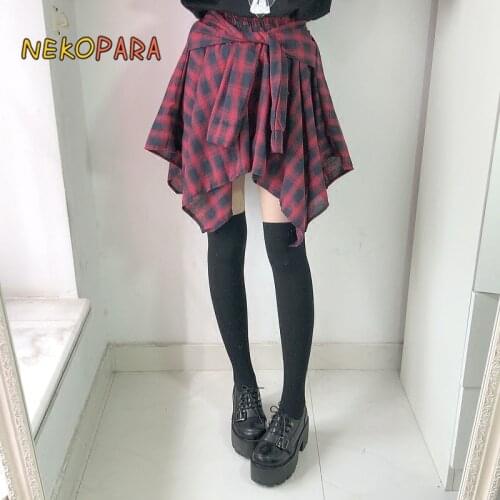 Japanese Harajuku Punk Plaid Checks Asymmetrical Hem Summer Skirt Big Bow Cool Womens Short Skirt Red & Black