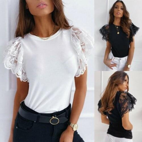 Summer Women Casual Ruffle Lace Short Sleeve T shirt Female Ladies Loose Casual Solid Color Holiday Top Outfits