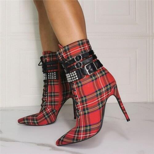 MKKHOU Fashion Short Boots Women New Temperament Red Plaid Cloth Pointed Rivets Ladies All-Match High Heel Boots Large Size 3647
