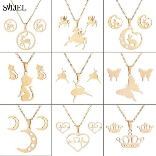 Stainless Steel Jewelry Sets Gold Color Moon Star Unicorn Reindeer Cat Butterfly Necklace Earrings Heart Wedding Accessories
