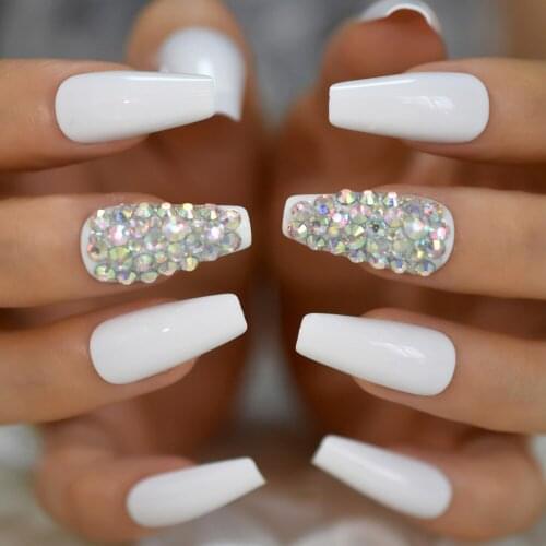 Full Cover Nail Tip AB Color Crystal New Design Coffin Nails White Glossy Surface Fake Nail 24 pcs