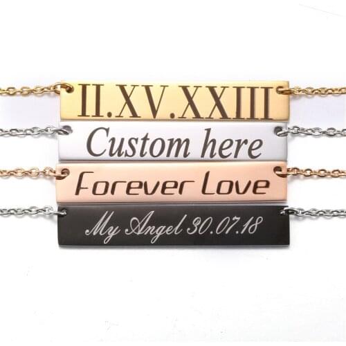 Personalized Name Engrave ID Nameplate Date Bar Necklace Gold Color Black Steel Chain Custom Made Letter Word Jewelry Gift