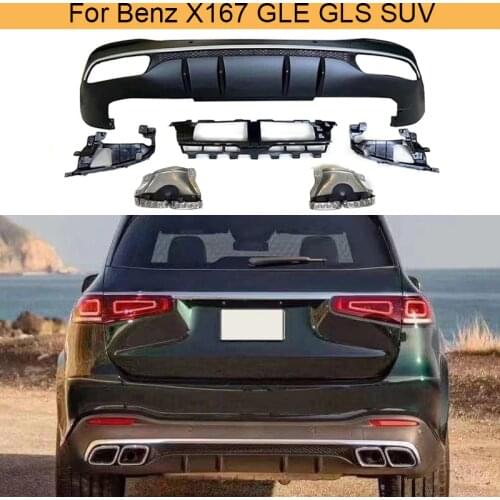 PP Rear Bumper Diffuser Lip Chin Spoiler for Mercedes Benz X167 GLE SUV 2020 2021 Car Rear Bumper Diffuser with Exhaust Tips
