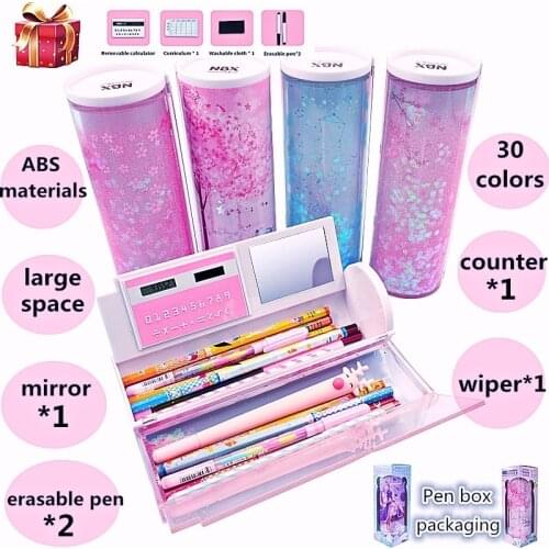 NBX genuine innovative quicksand cylindrical pencil case made in China ins kawaii Sakura starry sky glitter pen bag