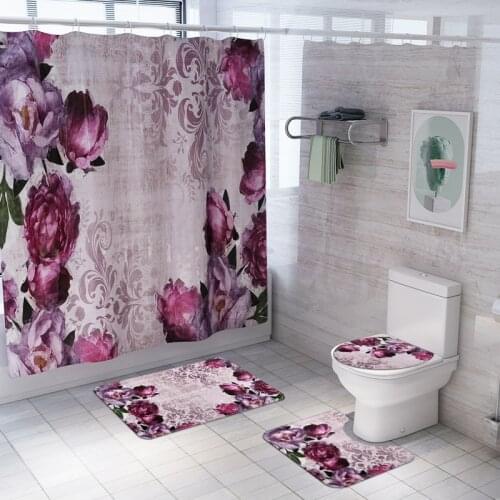 3D Flower Waterproof Shower Curtain Polyester Fabric Bathroom Curtains Anti-slip With Bath Mat Toilet Seat Cover Carpet Home