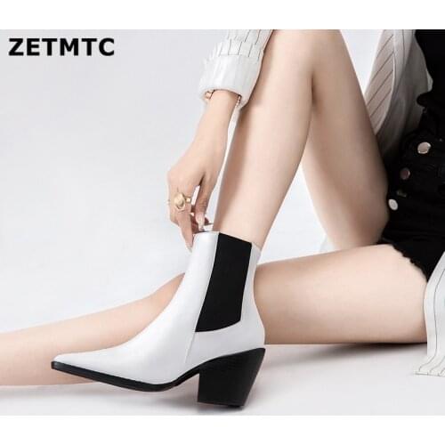 Autumn Ankle Boots Women Pu Leather Square High Heels Western Boots Pointed Toe Zipper Fashion Winter Short Boots Woman Shoes