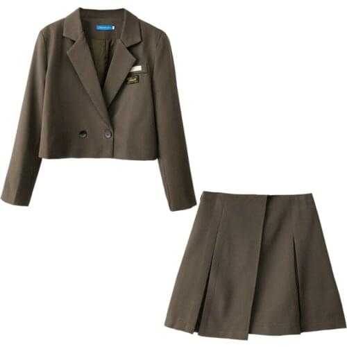 2021 Spring Korean Casual Preppy Style 2 Piece Set Women Elegant Loose Long Sleeve Blazer Tops + High Waist Mini Skirt Suits