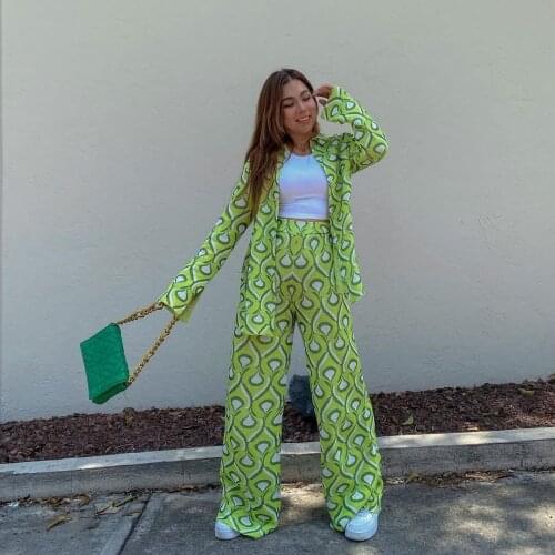 2021 Za Womens Spring And Autumn Printed Loose Suit Shirt Top Wide Leg Pants Womens Elegant And Fashionable Street Clothes