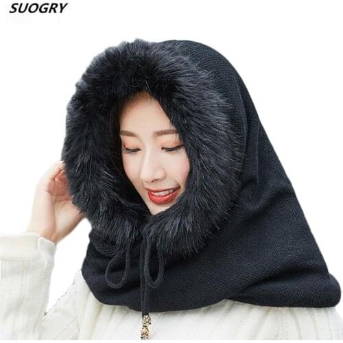 SUOGRY Women Winter Warm Knitted Hat Scarf Set Outdoor Sport Plus Plush Skullies Beanies Caps Hooded Scarves Womens Hat