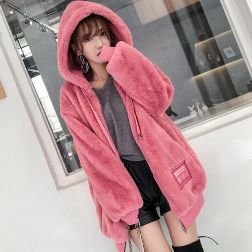 2020 Women Coat Autumn Winter Hooded New Long Fashion Imitate Sheep Shearing Fur coat Long sleeve Plus velvet Thick Fur Jacket