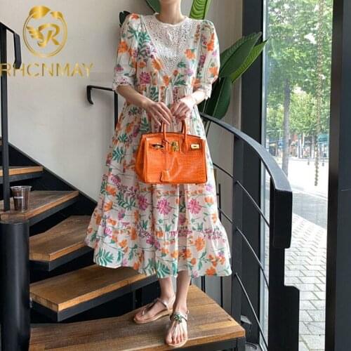2021 New summer Women Vintage Loose High Waist Slim Was Thin Elegant Lace hollow splice puff sleeve Maxi Dress