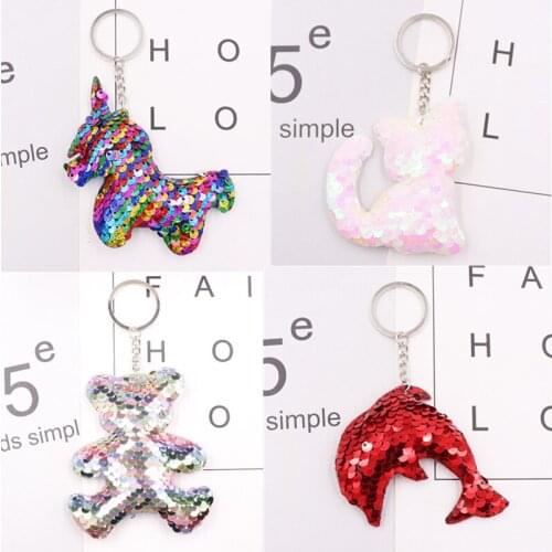 1PCS Dolphin Bear Unicorn animal Keychain Glitter Pompom Sequins Key Chain Gifts for Women Car Bag Accessories Key Ring Jewelry