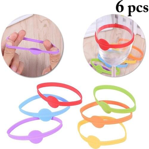 6PCS Solid Color Wine Glass Mark Circle Wine Glass Charm Reusable Silicone Ring Wine Glass Marker Wine Glass Tag Bar Accessories