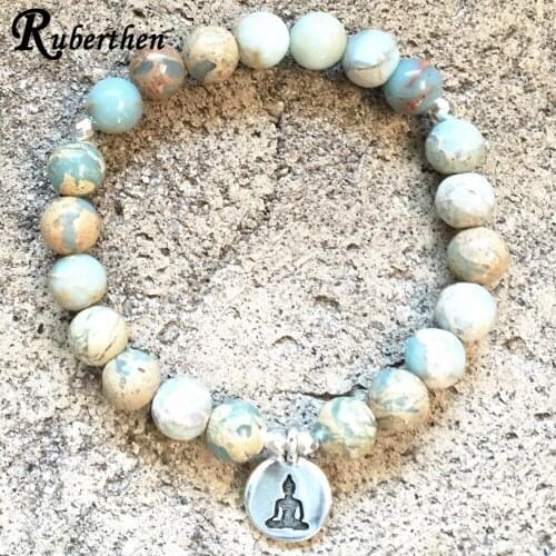 Ruberthen 8 mm Aqua Terra Jaspers Bracelet Natural Stone Beaded Bracelet Buddha Yoga Bracelet Womens Meditation Mala Bracelet