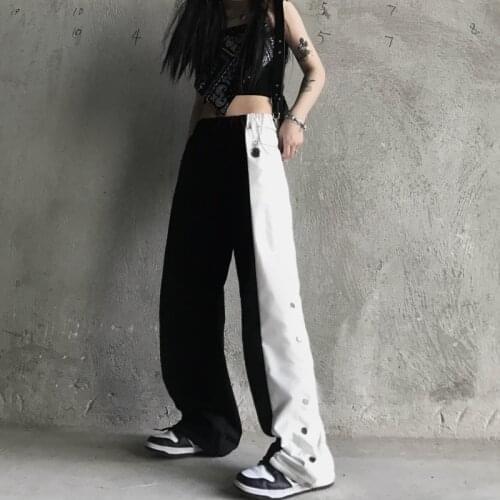Elastic Waist Button Cool Women Trouser Gothic Streer Lady Outdoor Long Pants Black White Contrast Color Harajuku Pant Clothes